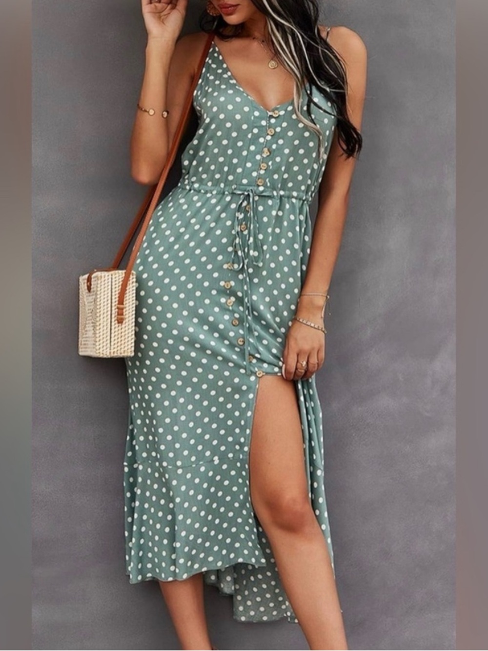 Brovave Polka Dot Strap Dress size XL green and white sleeveless